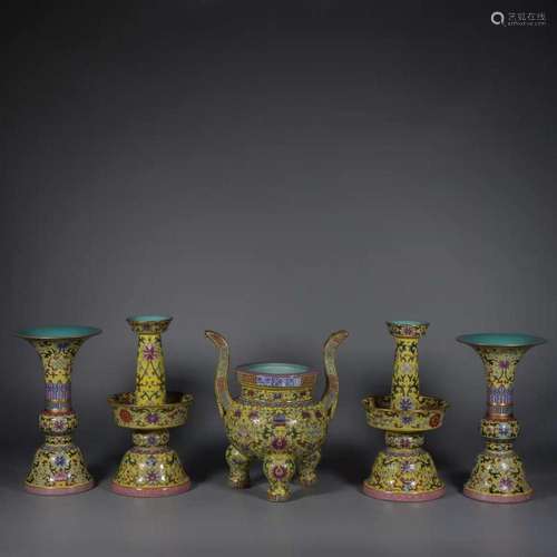 A Group of Five Fencai Porcelain Ornaments