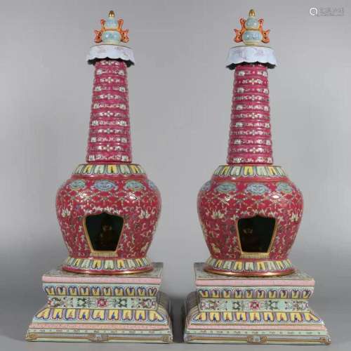 A Pair of Porcelain Rose Pagoda