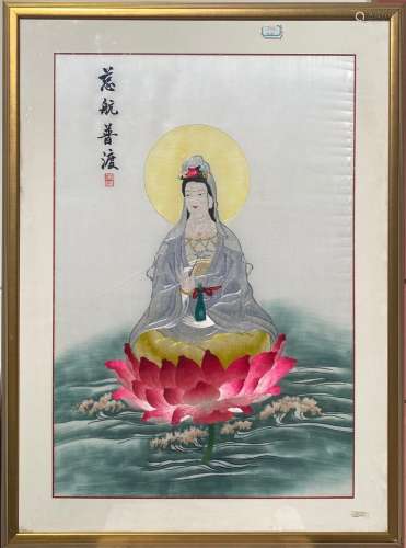 A Framed Embroidered Guanyin