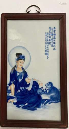 A Hardwood Framed Porcelain Guanyin Plaque