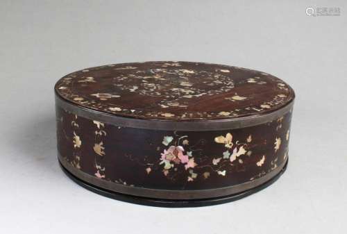 Antique Hardwood Round Box with Mother-of Pearl In