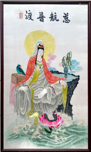 A Framed Embroidered Guanyin Painting