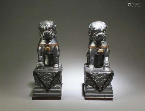 A Pair of Pewter Foo Lion Display