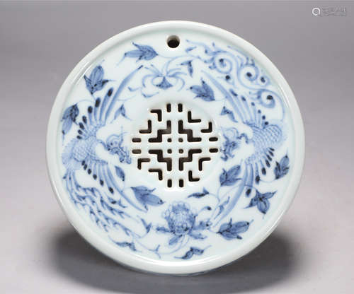 Warm inkstone with blue and white double phoenix in Xuande o...