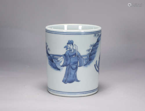 Qing Dynasty Kangxi blue and white figure pen holder