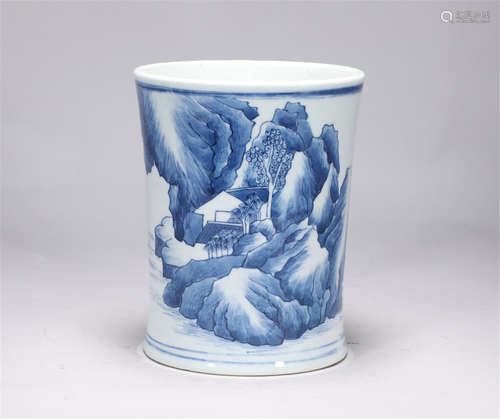 Qing Dynasty Kangxi blue and white landscape pen holder