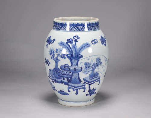 Qing Dynasty Kangxi blue and white BOGUTU lotus seed jar
