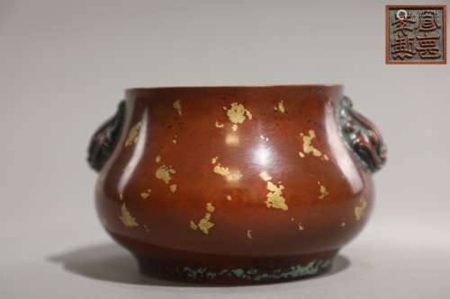 Ming Dynasty Bronze Gold Painted Furnace
