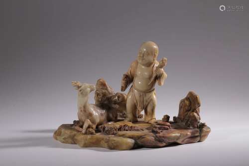 Chinese Shou Shan Furong Soapstone Boy w Goat