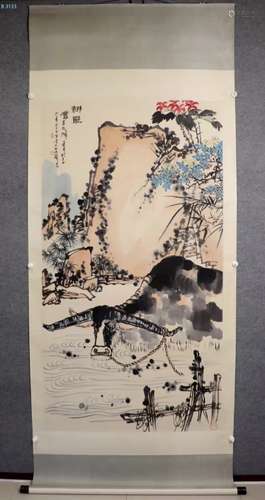 Chinese Ink Color Scroll Painting w Calligraphy