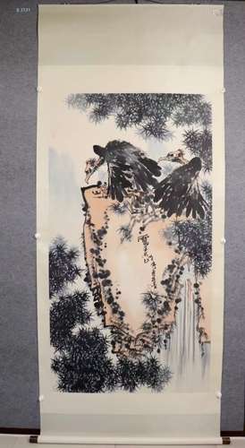 Chinese Ink Color Scroll Painting w Calligraphy