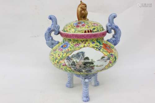 Chinese Yellow Ground Famille Rose Censer