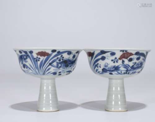 Pair of Chinese Blue&White Copper Red Cups