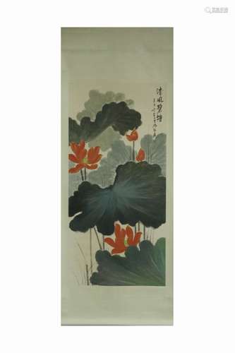 Chinese Ink Color Scroll Painting w Calligraphy