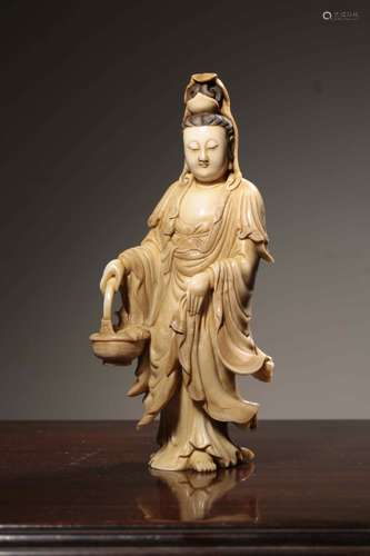 Qing Chinese Soapstone Standing Guanyin Holding Ba