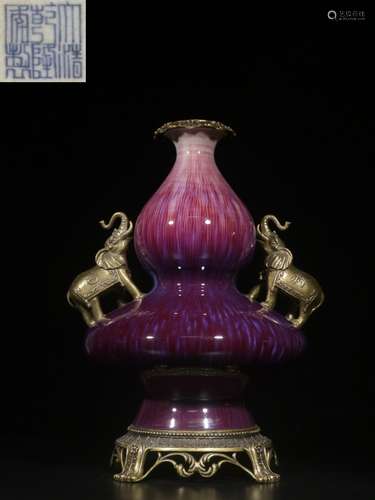 Chinese Lujun Glazed Gourd Vase w Bronze Mount