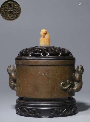 Late Qing Chinese Bronze Censer w Soapstone Finial