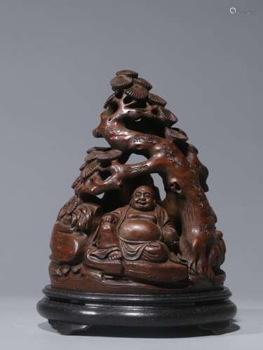 Chinese Bamboo Carved Buddha under Pine Tree