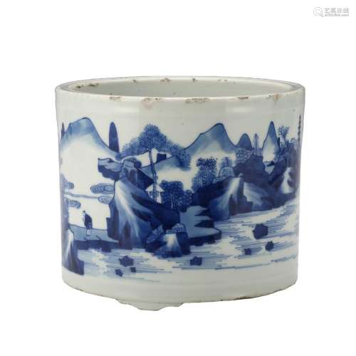 A BLUE AND WHITE 'FIGURES' BRUSHPOT