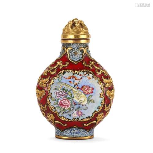 AN ENAMELLED BRONZE 'FLOWERS AND BIRDS' SNUFF BOTTLE