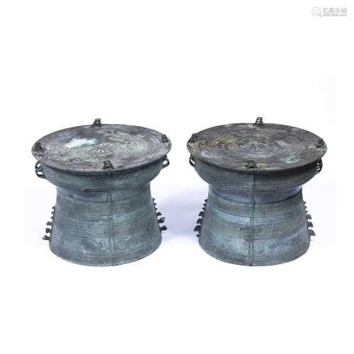 Pair of large bronze Dong Son style rain drums