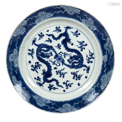 Blue and white dragon plate