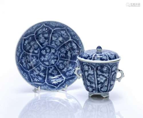 Two-handled blue and white chocolate cup, saucer and cover