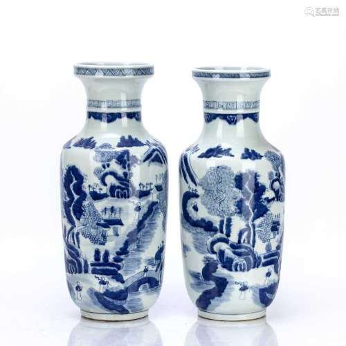 Pair of blue and white porcelain rouleau vases