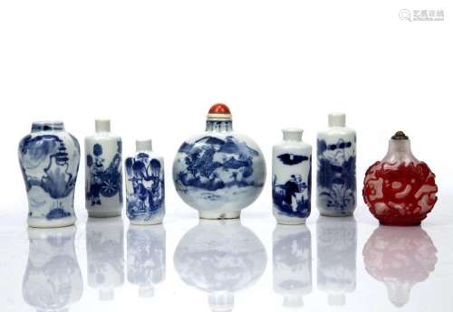 Six blue and white porcelain snuff bottles