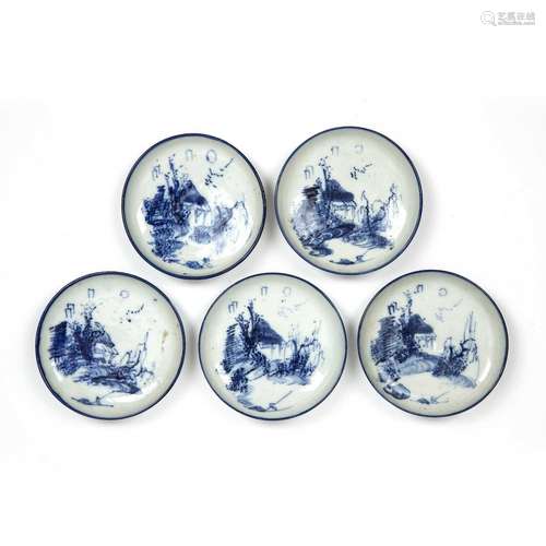 Set of five Blue and white Kutani saucer form dishes