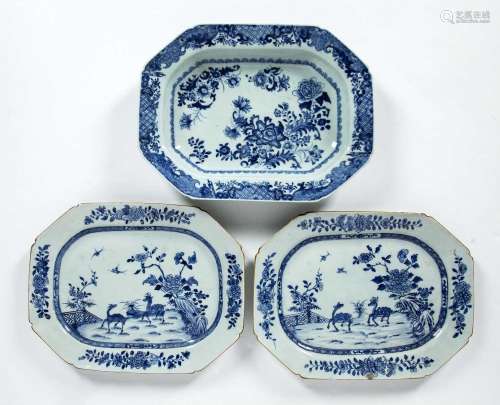 Group of three blue and white meat plates