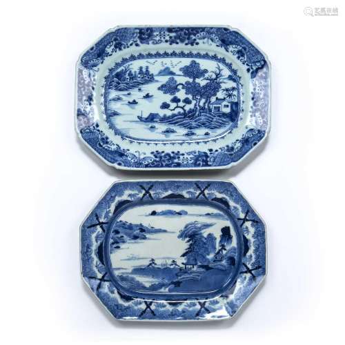 Two blue and white meat plates