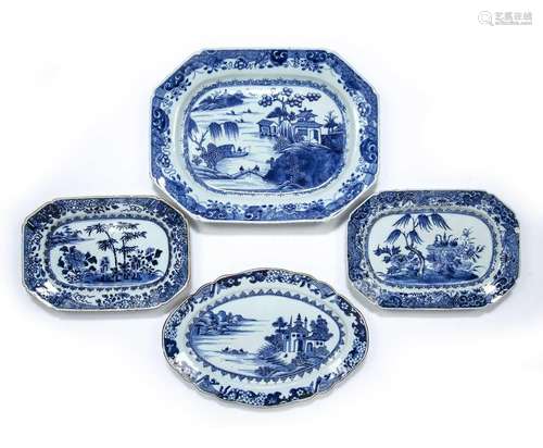 Four blue and white meat plates