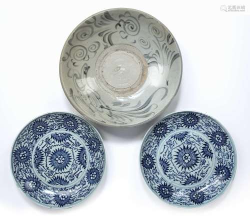 Pair of blue and white porcelain shallow dishes