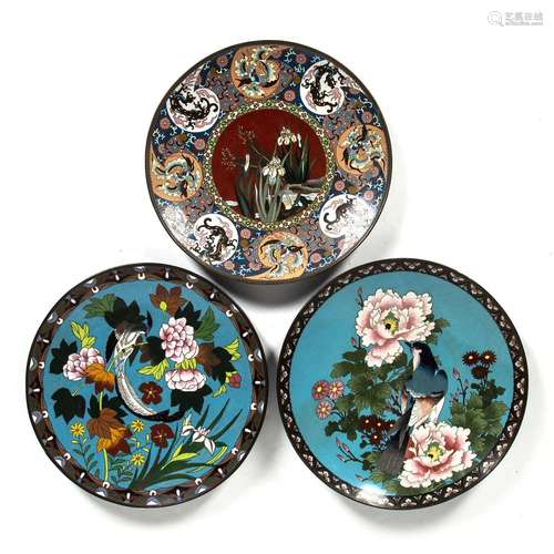 Three cloisonne chargers