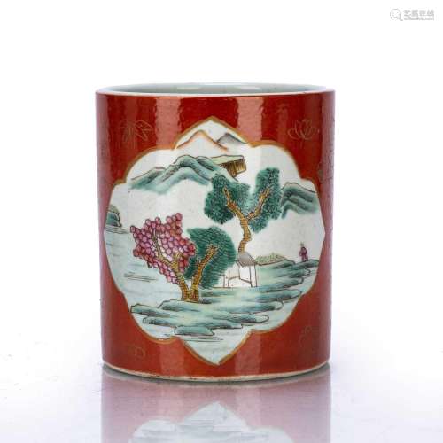 Iron red and famille rose brush pot