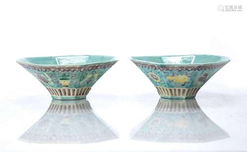 Pair of turquoise glazed octagonal bowls