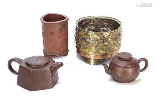 Three Yixing pieces and a brass censer