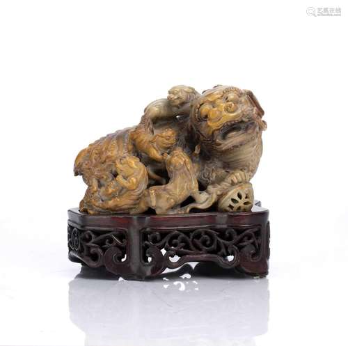 Soapstone model of a Buddhistic lion and cubs