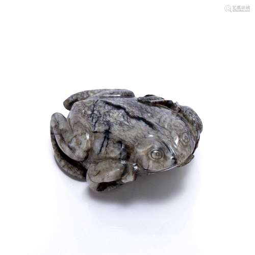 Grey jade pebble carved as a squatting toad