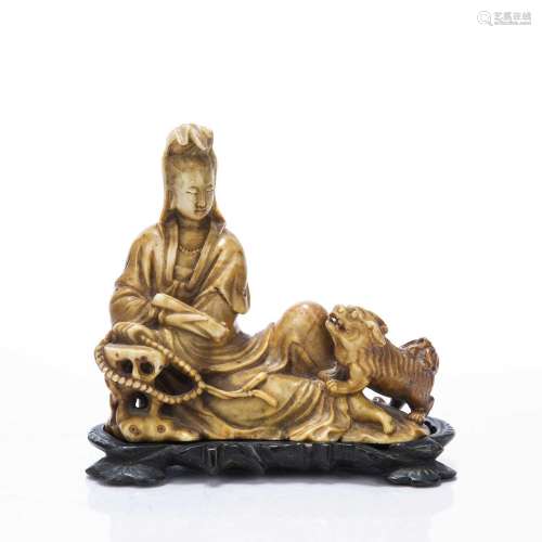 Soapstone carving with Guanyin and temple dog