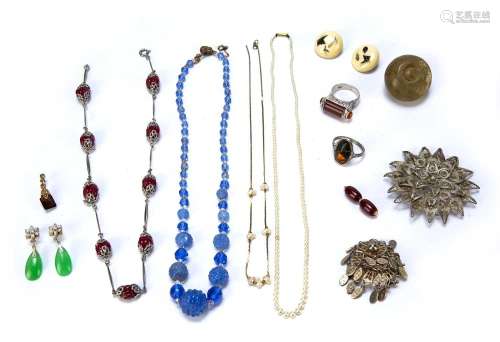 Collection of carved beads, and other jewellery