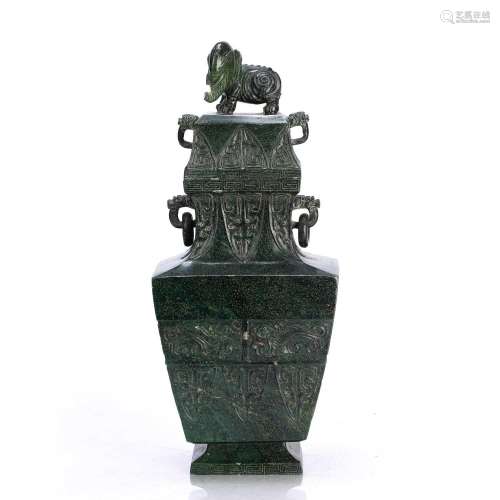 Green hardstone archaic style vase and cover