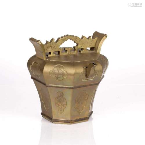 Engraved octagonal brass wine pot