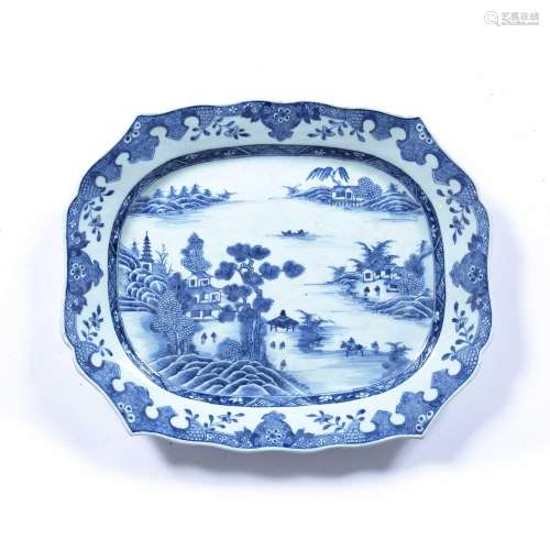 Large shaped oval blue and white porcelain charger
