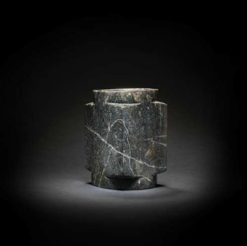 A LARGE GREY JADE CYLINDRICAL VESSEL, CONG  Neolithic Period...