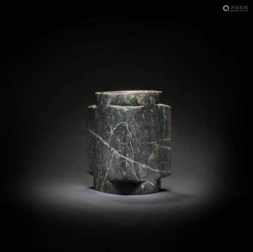 A LARGE GREY JADE CYLINDRICAL VESSEL, CONG  Neolithic Period...