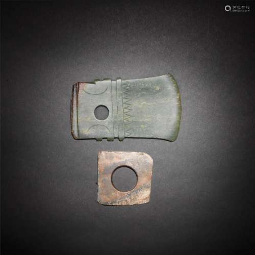 A JADE AXE BLADE, YUE; AND A SQUARE PLAQUE DISC The blade Zh...