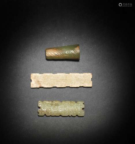 THREE ARCHAIC JADE CARVINGS Shang Dynasty/Warring States Per...