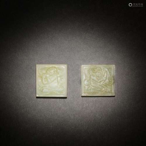 TWO VERY PALE GREEN JADE SQUARE BELT PLAQUES Tang Dynasty (3...